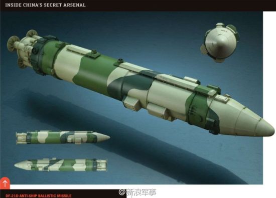 电脑CG图上的做出的东风-21D反舰弹道导弹的弹体。