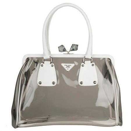 普拉达 - prada普拉达 白色配漆皮宝石结扣透明手提包