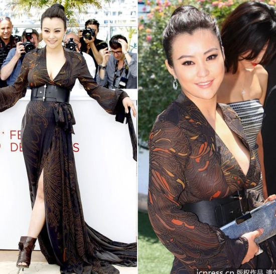 郝蕾黑色开衩深V裙装亮相