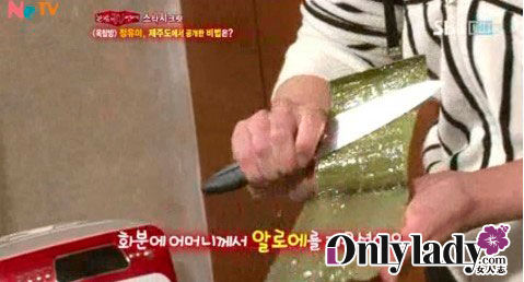 制作天然芦荟面膜将芦荟洗净，切除外皮留用里面的芦荟肉