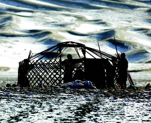 冈包勒德和他的家人正把他们用毛毡搭起的蒙古包拆下，他们打算转移到积雪较厚的地方重新筑家