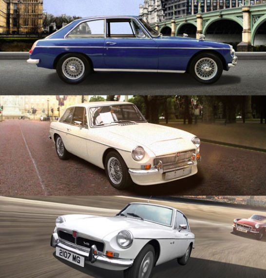 MGB GT、MGC GT和MGB GT V8（由上至下）