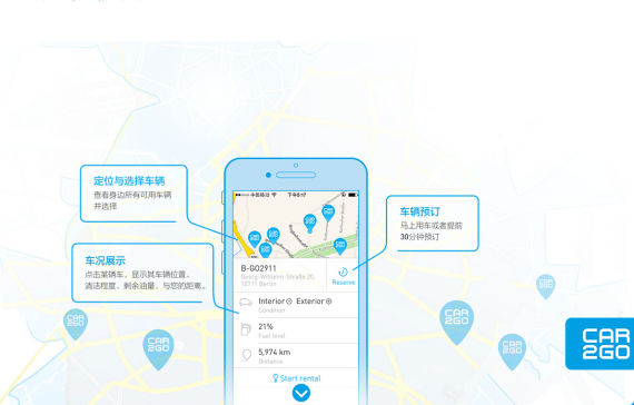 海外版手机APP示意图，即行car2go将结合中国用户使用习惯推出中国car2go APP