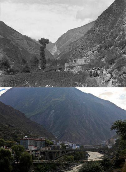 上图：小金县至丹巴途中1908.06.29 下图：丹巴铁索桥(蔡彤 摄)