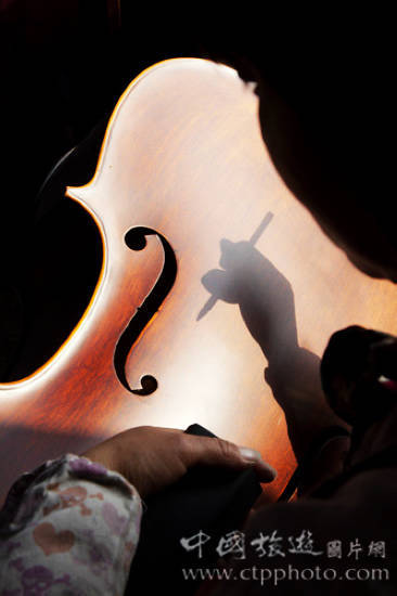 用毛笔给大提琴作上色处理，恐怕是中国制琴工艺的特色(谢光辉摄)。