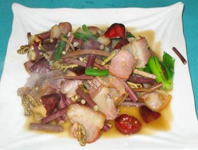 中国贵州铜仁特色菜:蕨菜炒腊肉