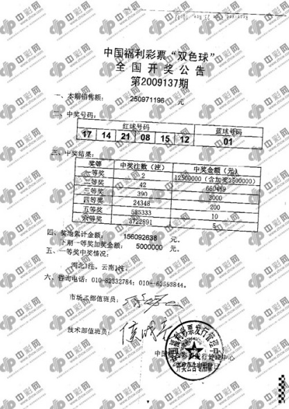 双色球09137期开奖传真，图片来自中彩网