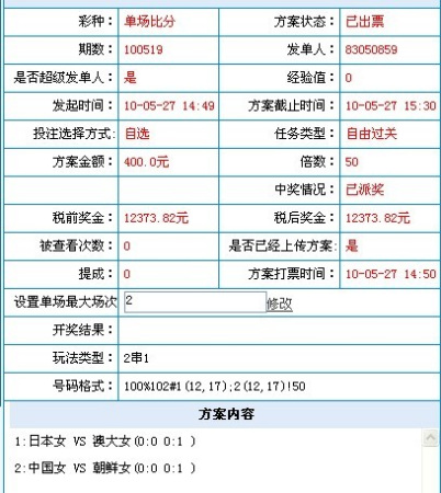 (图2)会员"83050859"50倍投比分2串1获12373元