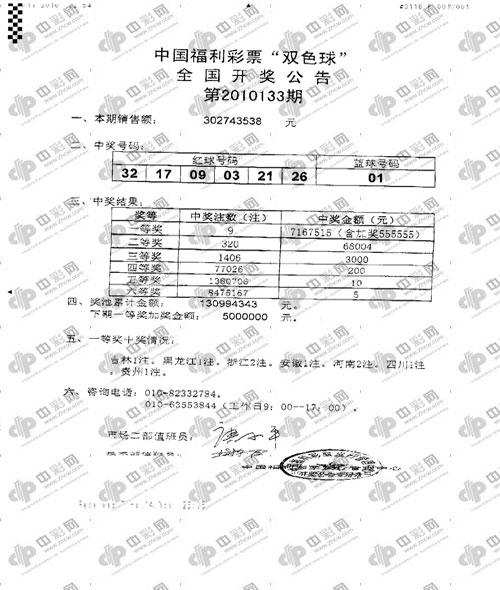 双色球10133期开奖传真，图片来自中彩网