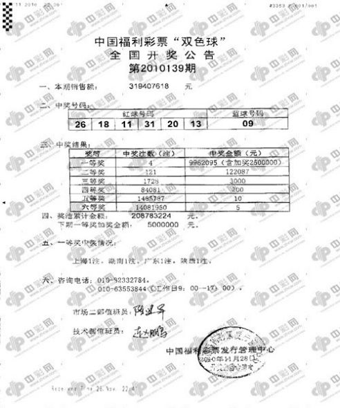 双色球10139期开奖传真，来自中彩网