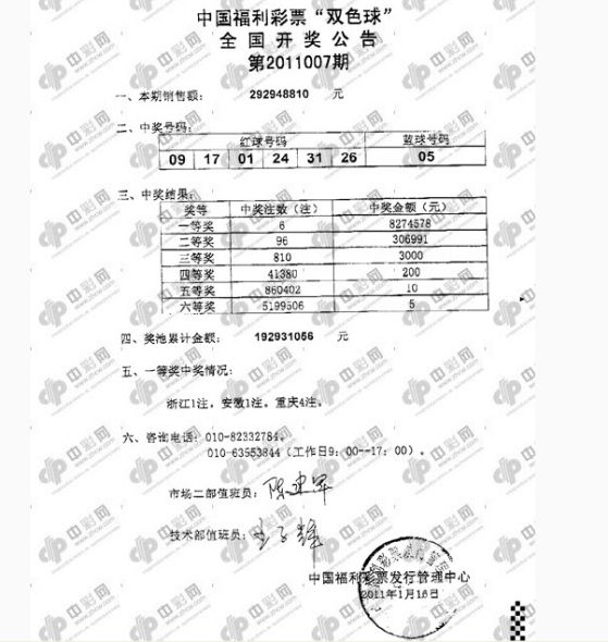 双色球11007期开奖传真，图片来自中彩网。