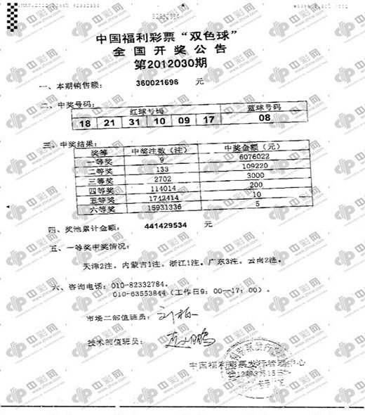双色球12030期开奖传真