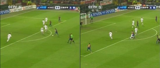 图15 梅西中路开始向米兰右侧突破，图16 安布罗西尼铲堵