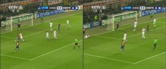 图17 博内拉紧贴梅西，图18 博内拉将球铲出底线