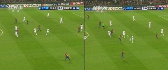 图32 米兰再次对哈维形成围抢，图33 米兰最终成功将球抢断