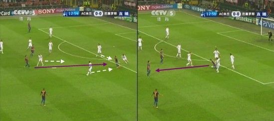 图34 哈维传球给佩德罗，图35 米兰迅速对佩德罗形成围抢迫使其回传