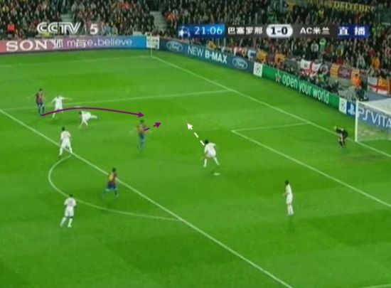 图1 巴萨罚球区内巧妙配合，内斯塔补位