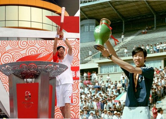 　　左图为2008年5月24日，参加北京奥运会圣火传递时45岁的火炬手朱建华；右图为1983年6月12日，20岁的朱建华在头一天刚刚打破男子跳高世界纪录。