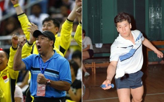 　　左图为2010年5月16日，在2010年汤姆斯杯羽毛球男子团体赛决赛中为队员加油时48岁的李永波；右图为1990年已3次夺得汤姆斯杯冠军时28岁的李永波。