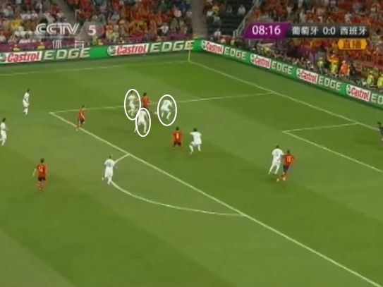 图2 在罚球区内葡萄牙三人围抢席尔瓦