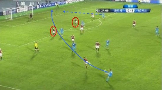 图1 泽尼特从左路送出弧线很大的斜线传中