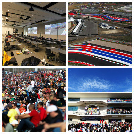 新闻中心(左上)，波浪赛道(右上)，观众爆满(左下)，气候宜人(右下)