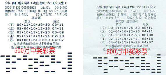 两张中奖彩票，出票时间相隔14秒，投注号码一模一样，相差的是一个追加一个未追加。