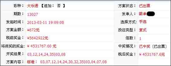 会员[跟单**]中奖方案一览