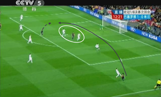 图7 阿尔维斯传中，梅西跑二空