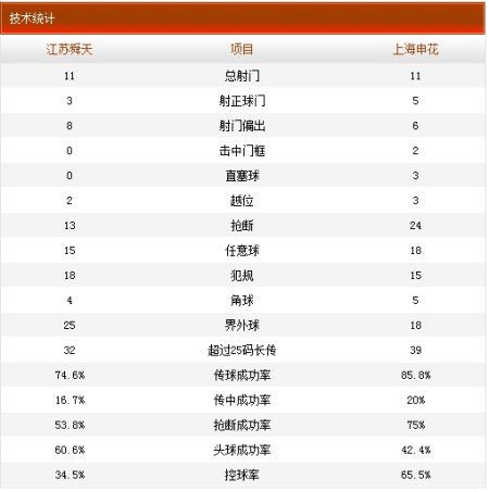 舜天2-2申花技术统计