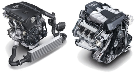 左图为2.0 TFSI发动机，右图为3.0 TFSI发动机
