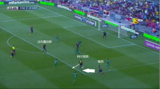 阿尔维斯脚踩球给梅西