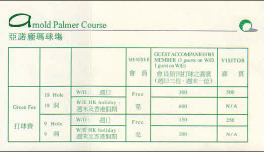 　　上世纪90年代初的 中山温泉帕尔默球场 价格表，单位为港币。 300港币在当时大约 相当于内地普通工薪 阶层的两个月收入。