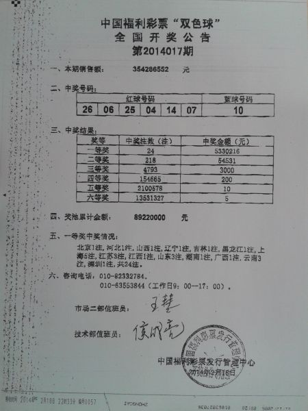 双色球第14017期开奖传真
