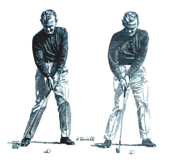 　　钢制杆身在20世纪50年代变得普遍，右图显示从瞄球到起杆过程中要求流畅过渡变得不重要了，左图显示了现代的“单件”起杆。