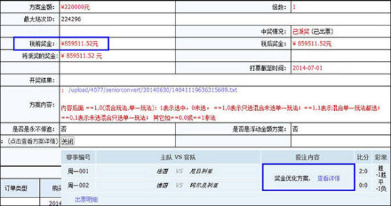 新浪会员奖金优化方案截获85万9大奖中奖单截图