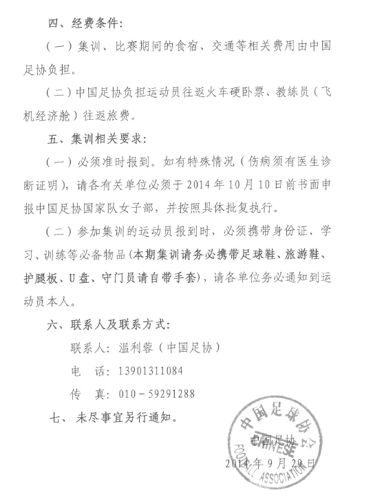 中国U19女足集训通知