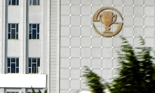  平壤体育馆墙上的奖杯徽记