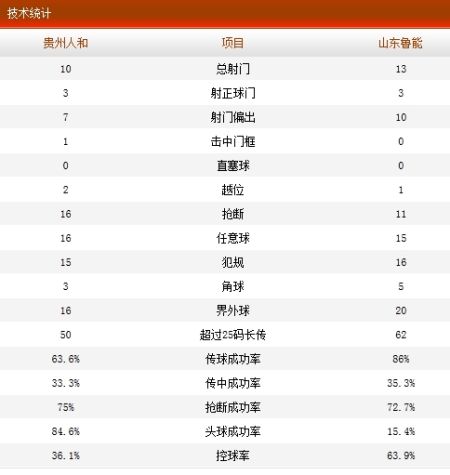 贵州人和0-0山东鲁能技术统计