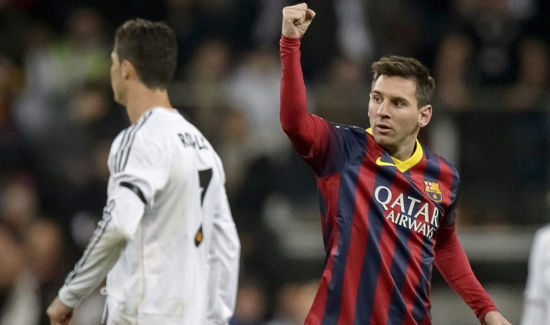 　　2014年3月23日，巴萨4比3皇马，梅西上演帽子戏法，超越斯蒂法诺成为国家德比射手王(22球)