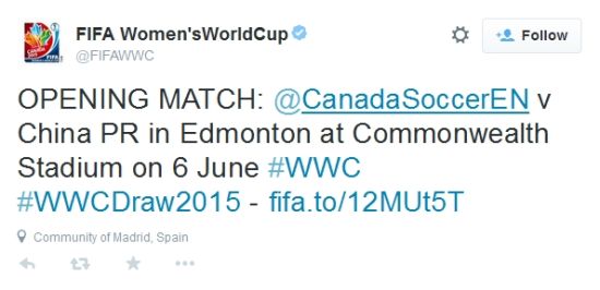 女足将与加拿大打响本届世界杯揭幕战