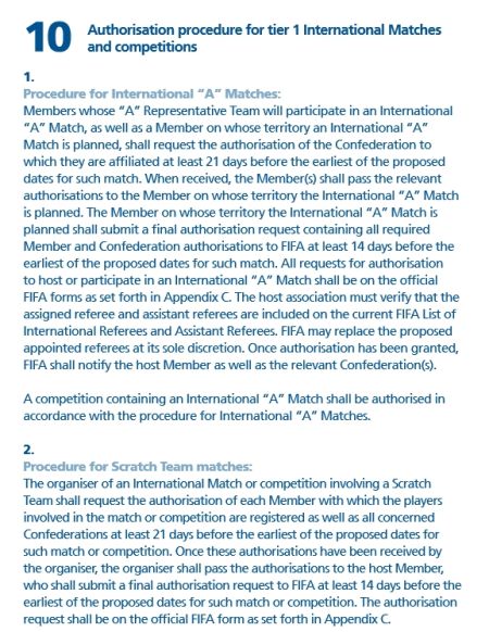 国际足联的章程(FIFA Regulations)中，规定了关于A级赛的必须条件。