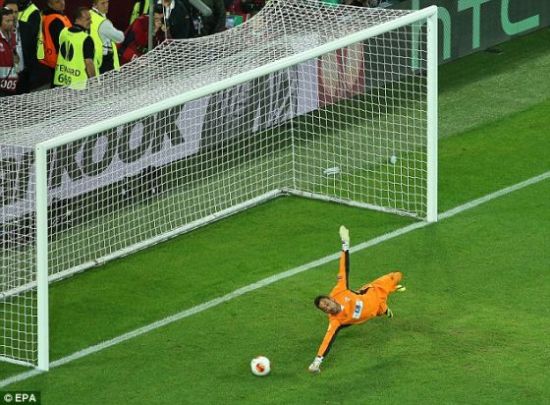 塞维利亚门将在扑点球时同样远离了球门线