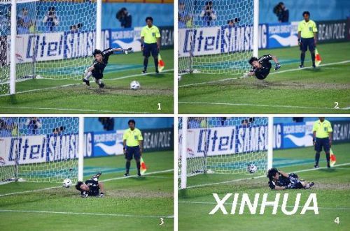 王大雷在多哈亚运会上扑点球，球击中后背弹入球门。