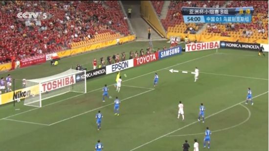 图6 对方守门员出击失误，武磊已经插到罚球区后点