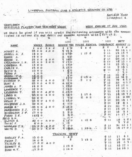1960年8月17日的利物浦俱乐部周薪单