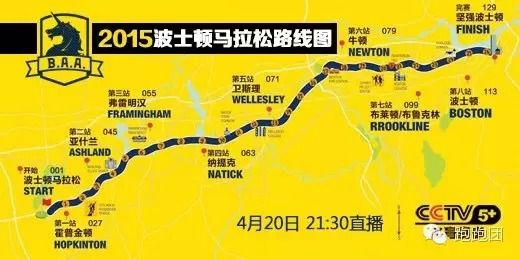 　　波士顿马拉松线路图。波士顿马拉松从波士顿正西部的霍普金顿开始，沿途穿过波士顿八个小镇，最后到达波士顿市中心的终点。优美的原野，点对点的快速赛道，空前的现场观众是这个古老的马拉松的魅力。