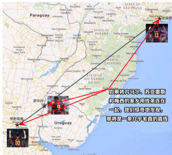 巴萨MSN组合的家乡在地图上刚好构成“三点一线”
