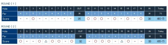 梁文冲成绩卡（○：小鸟 △：柏忌 ）