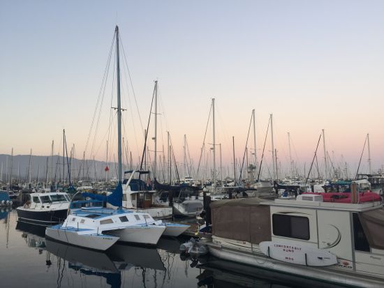 途径桅杆林立的帆船码头。